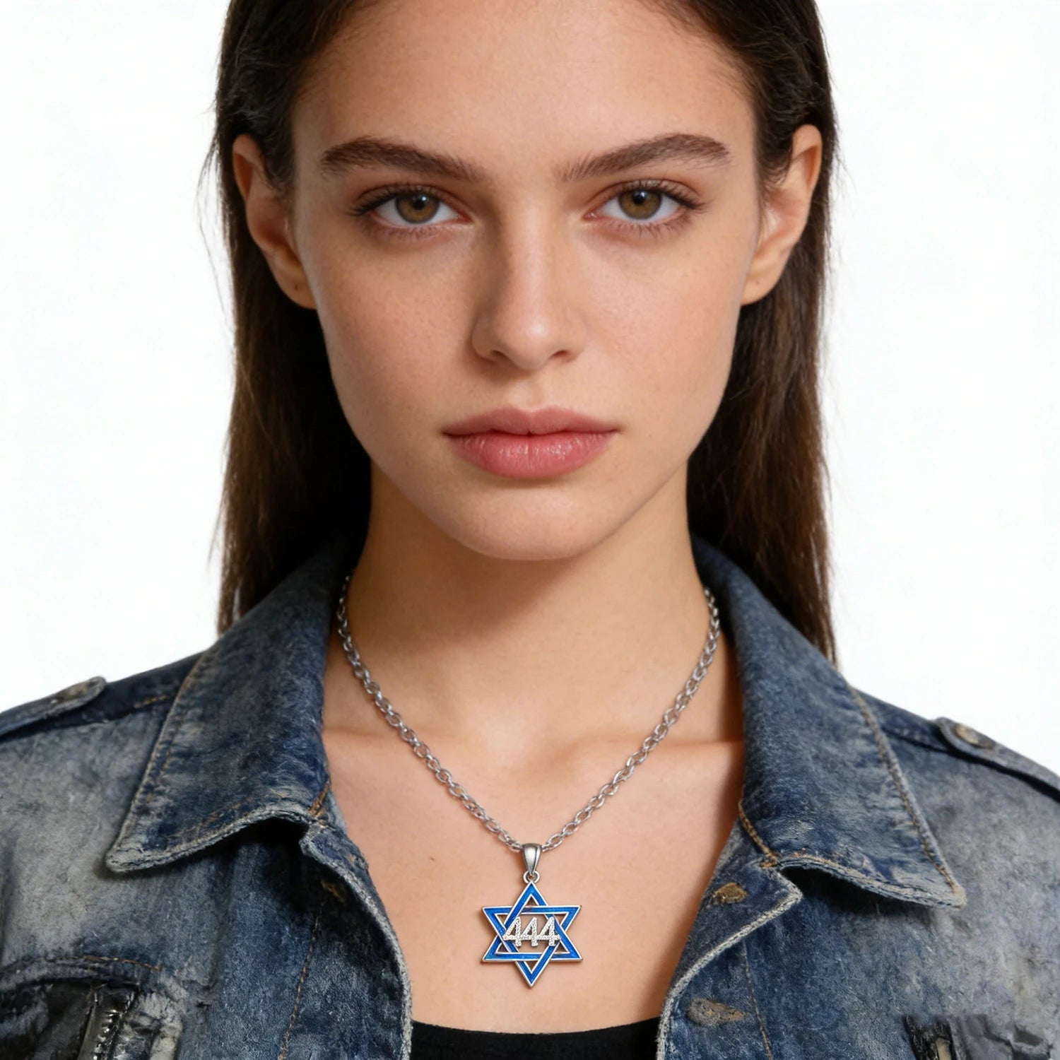 444 Angel Number Star of David Pendant Spiritual Protection Jewelry,Blue Opal Inlay,Cubic Zirconia,Men & Women’s Faith Necklace