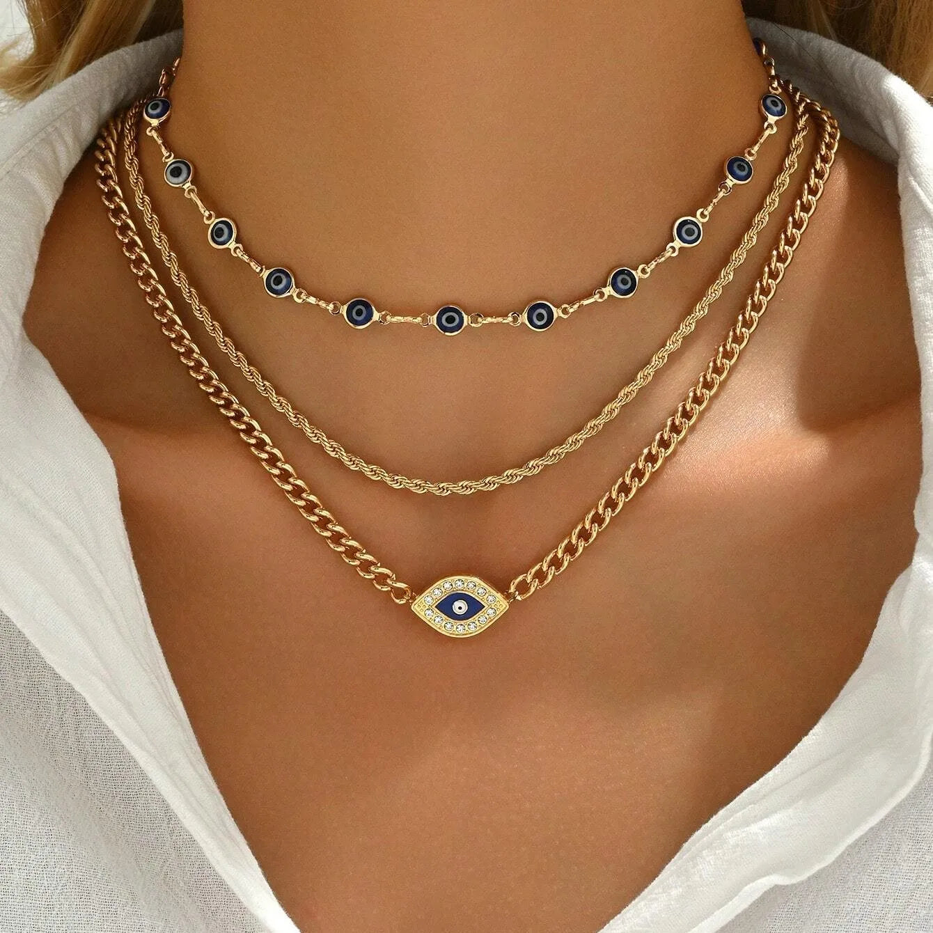 Crystal Evil Eye Layered Clavicle Chain Necklace Jewelry