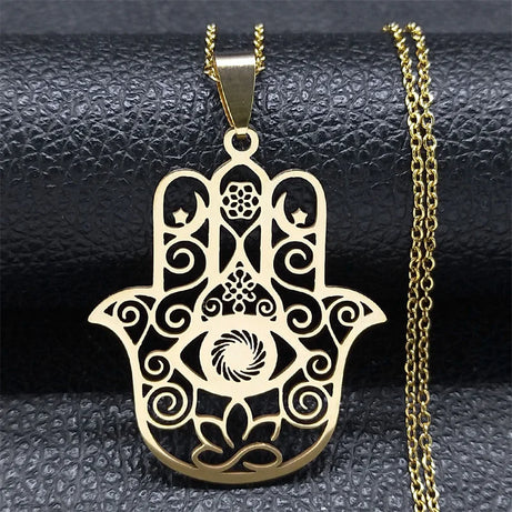 Hamsa Hand of Fatima & Lotus Interfaith Necklace, Muslim & Jewish Sacred Talisman