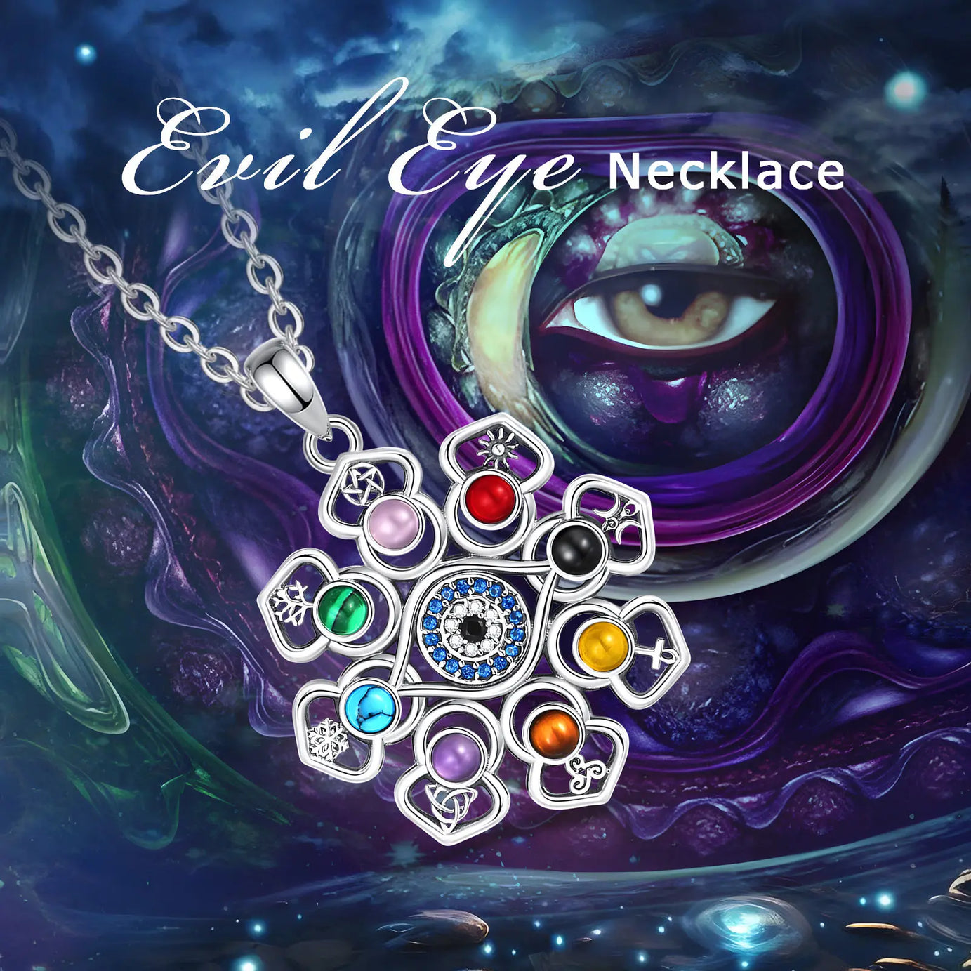 S925 Silver Lotus, Evil Eye & Pentagram Pendant, Sacred Protection Amulet