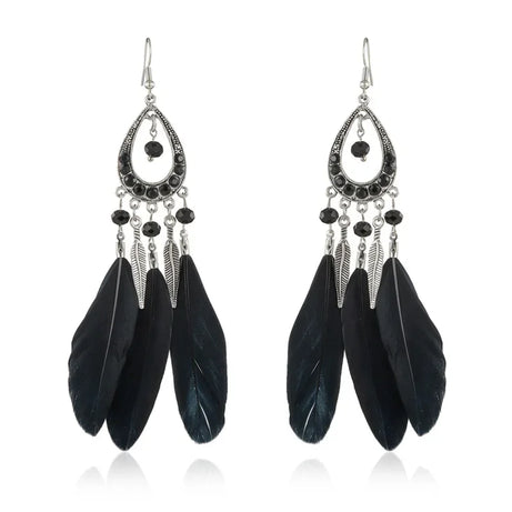 Feather Crystal Tassel Boho Dangle Earrings Jewelry