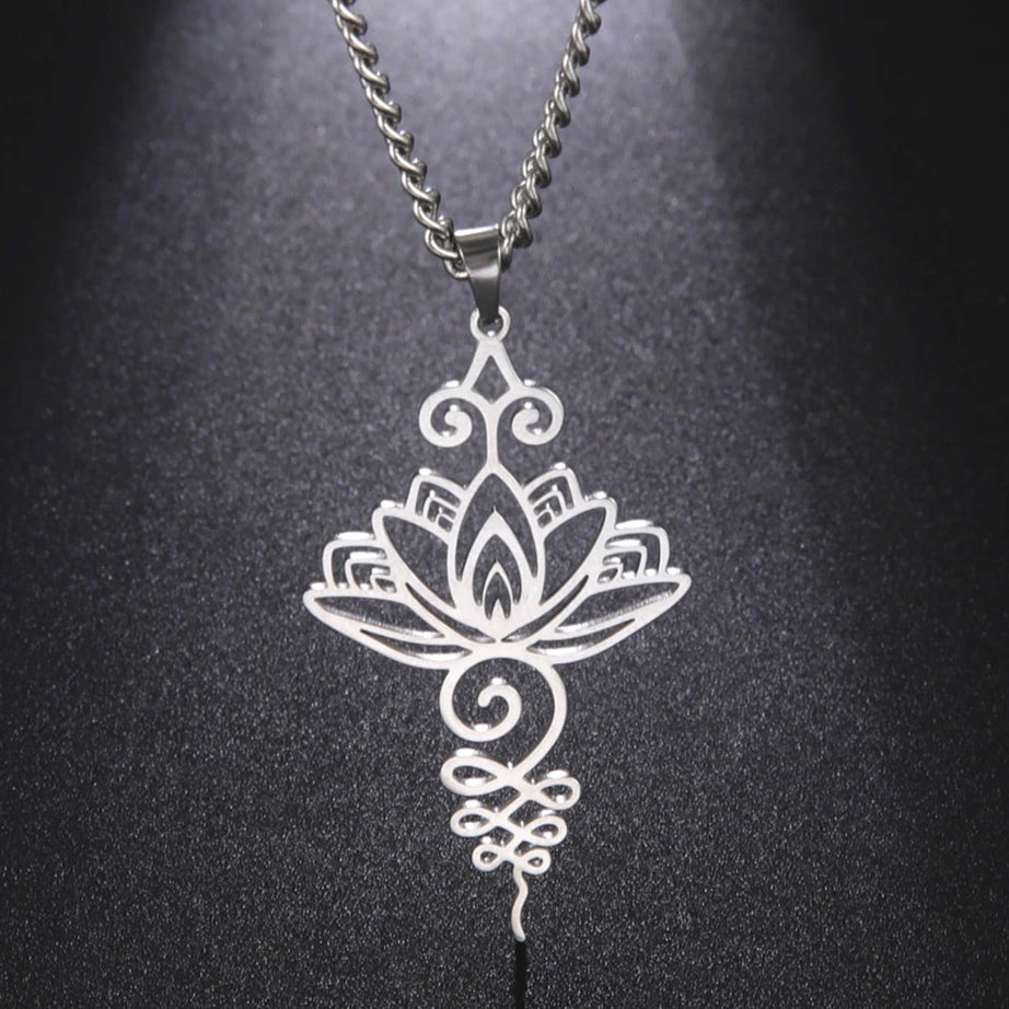 Lotus & Unalome Chakra Pendant, Stainless Steel Sacred Path Necklace