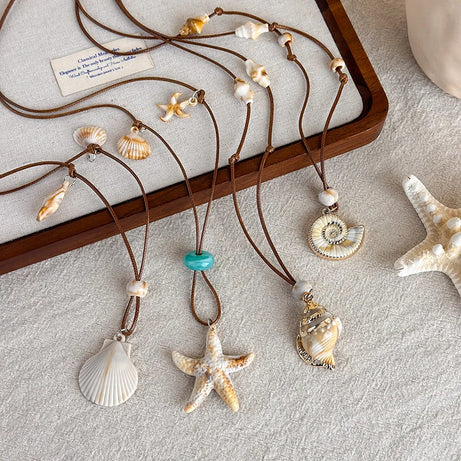 Starfish, Nautilus and Conch Wax Rope Clavicle Necklace