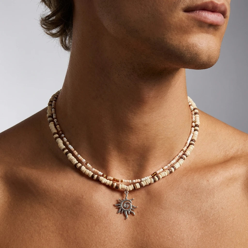 2pcs Boho Coconut Shell Wood Beads Necklaces Set for Women Men Vintage Sun Pendant Necklaces Summer Beach Party Jewelry Gifts