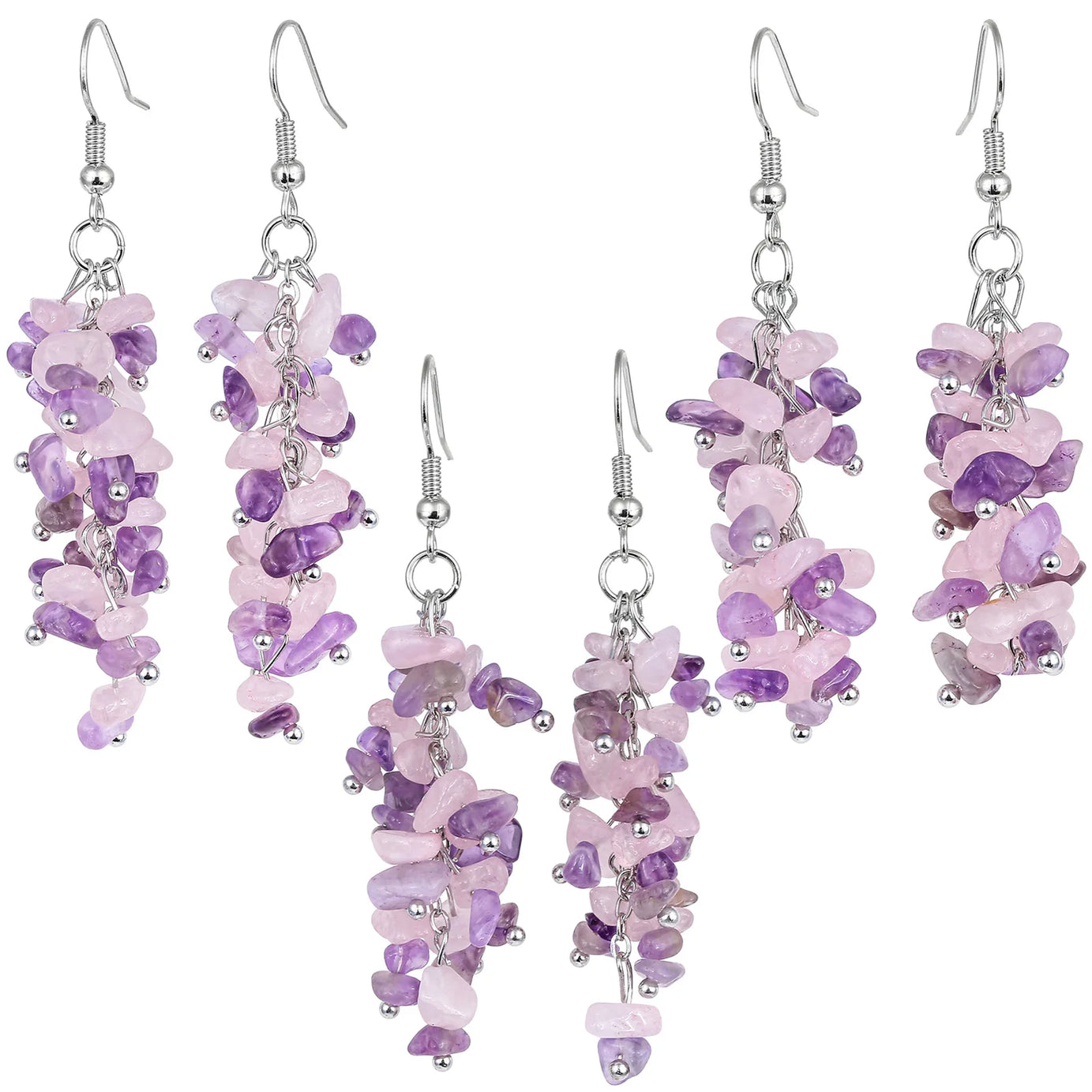 Crushed Crystal Grape Cluster Tassel Earrings, Natural Stone Boho Wedding Jewelry