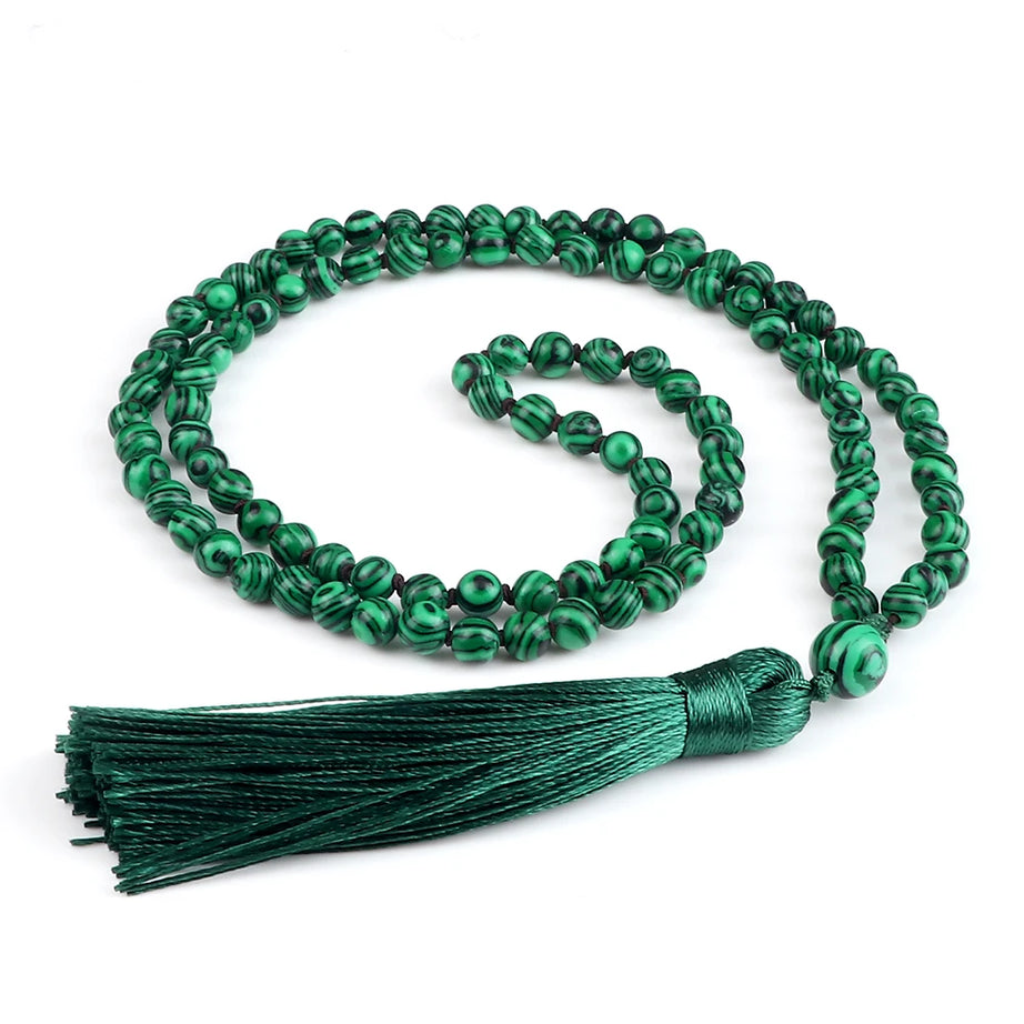 Men Natural Malachite Stones Necklaces Boho 108 Tiger Eye Beads Handmade Necklace with Tassel Yoga Medit Jewelry Gifts For Women - Charlie Dolly