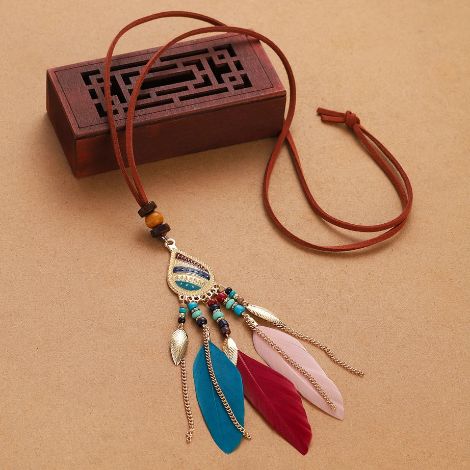 Rope Bead Feather Pendant Long Necklace Jewelry