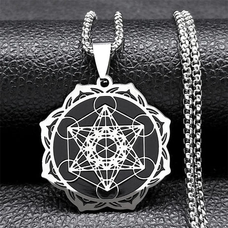 Metatron Cube & Archangel Sacred Geometry Necklace, Flower of Life Lotus Amulet