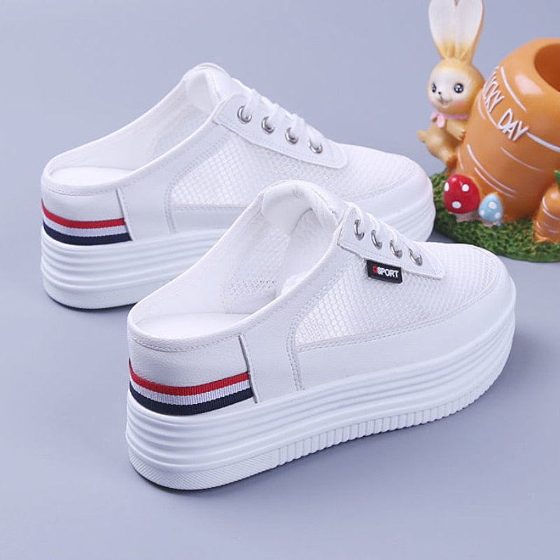 Half Slippers Women's Mesh Surface Hollowed Summer Versatile Student Bones Outdoor Breathable Closed Toe Mesh Casual Shoes White - Charlie Dolly