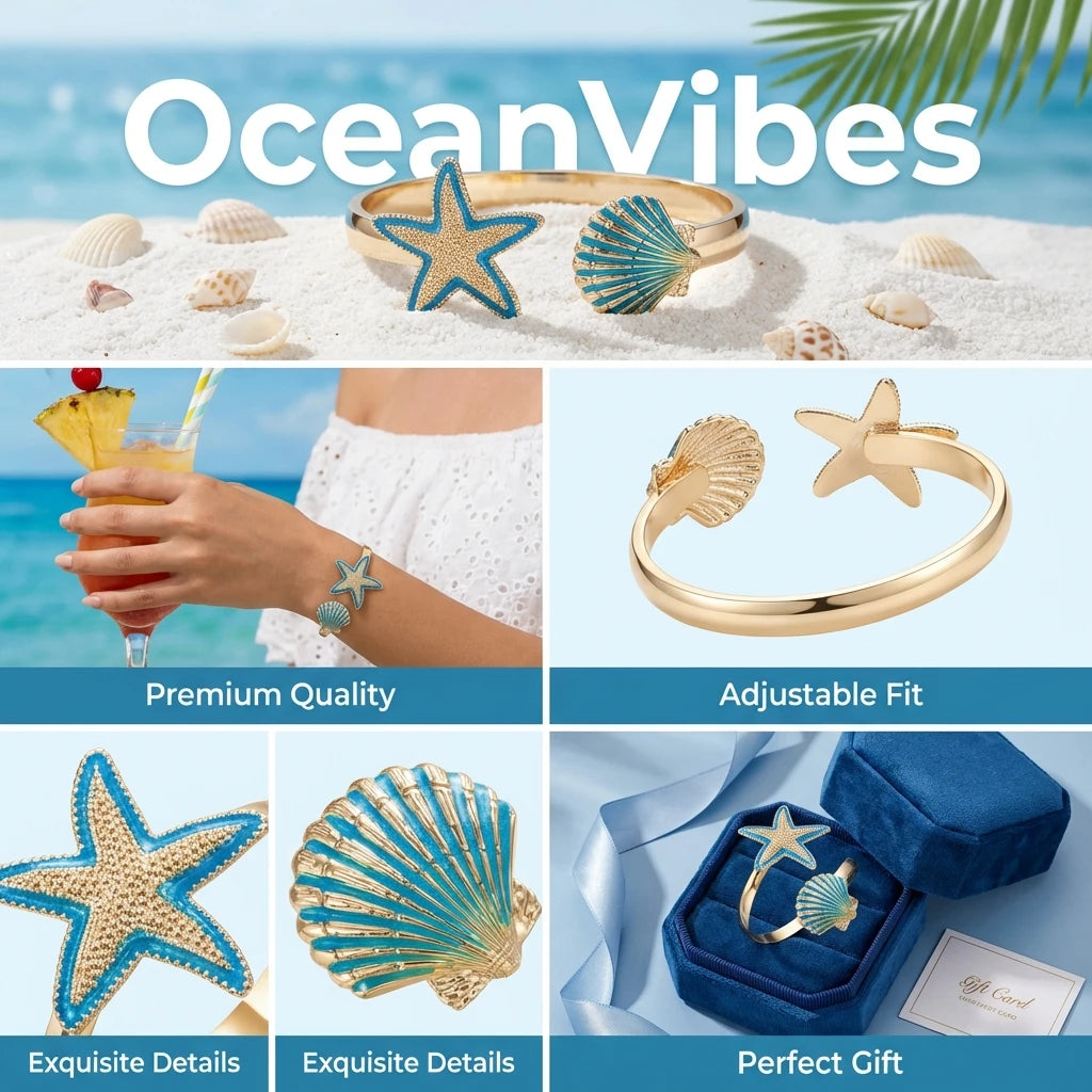 Boho Summer Starfish Shell Open Bangle for Women Gold Color Metal Blue Enamel Marine Bracelet Fashion Beach Vacation Jewelry