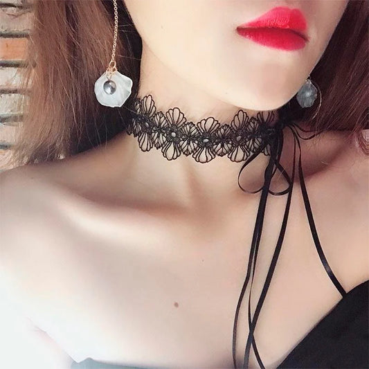 Black Lace Choker For Women Girls Gothic Bowknot Choker With Long Ribbon Lolita Clavicle Chain Necklace Halloween Jewelry Gift