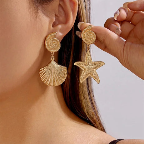 Boho Starfish, Conch and Scallop Pearl Pendant Earrings