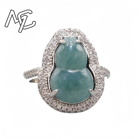 S925 Silver Burmese Jade Flower, Gourd & Butterfly Adjustable Ring, Sacred Amulet