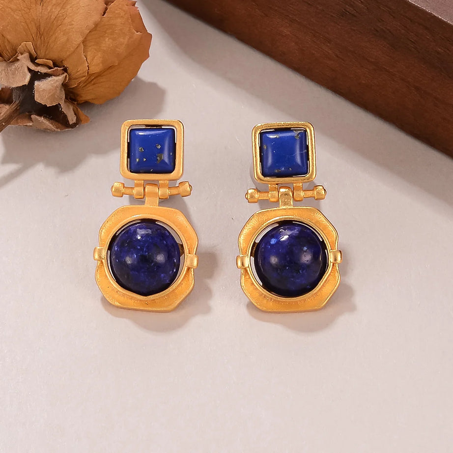 New Vintage Gold Plated Lapis Lazuli Drop Earrings for Women, Fashion Blue Stone Geometric Dangle Earrings Jewelry Gift - Charlie Dolly