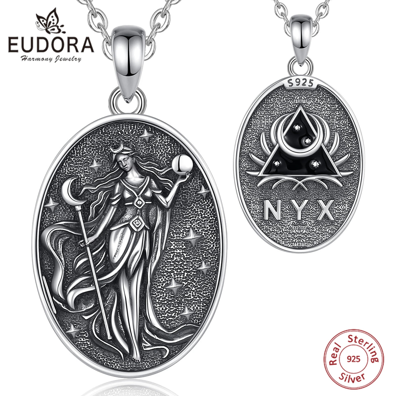 S925 Sterling Silver Nyx Moon Goddess Pendant Necklace, Dark Goddess of Night Wicca Amulet