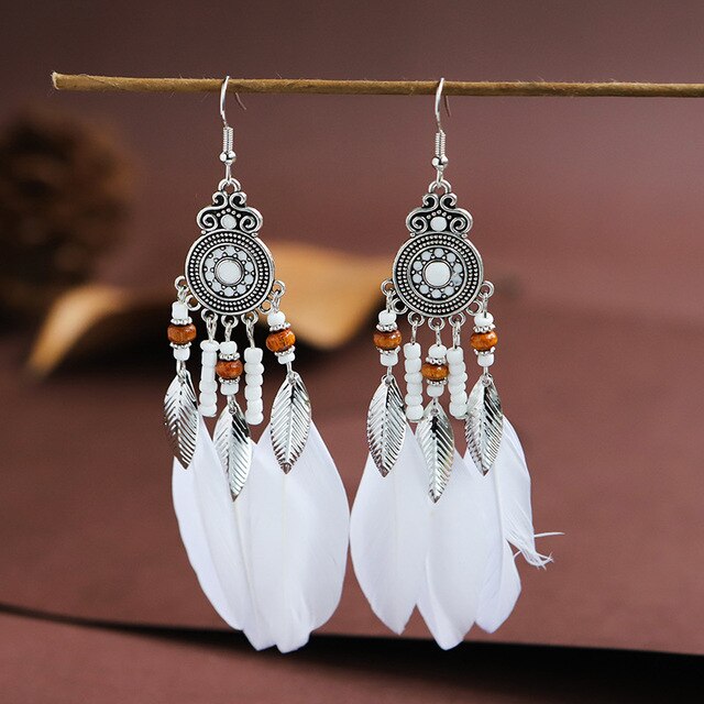 Fashion Earrings Bohemian Ethnic Style Leaf Earrings Jewelry Retro Long Tassel Colorful Feather Earrings Jewelry Gift - Charlie Dolly