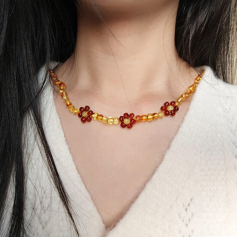 2 Styles Amber Teething Necklace/Bracelet for Baby Genuine Baltic Amber Jewelry with Sunflowers for Girls Women Chriristmas Gift - Charlie Dolly