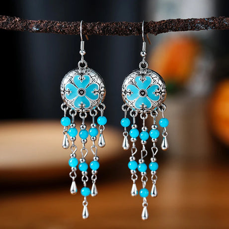 Blue Enamel Feather Crystal Long Earrings Jewelry