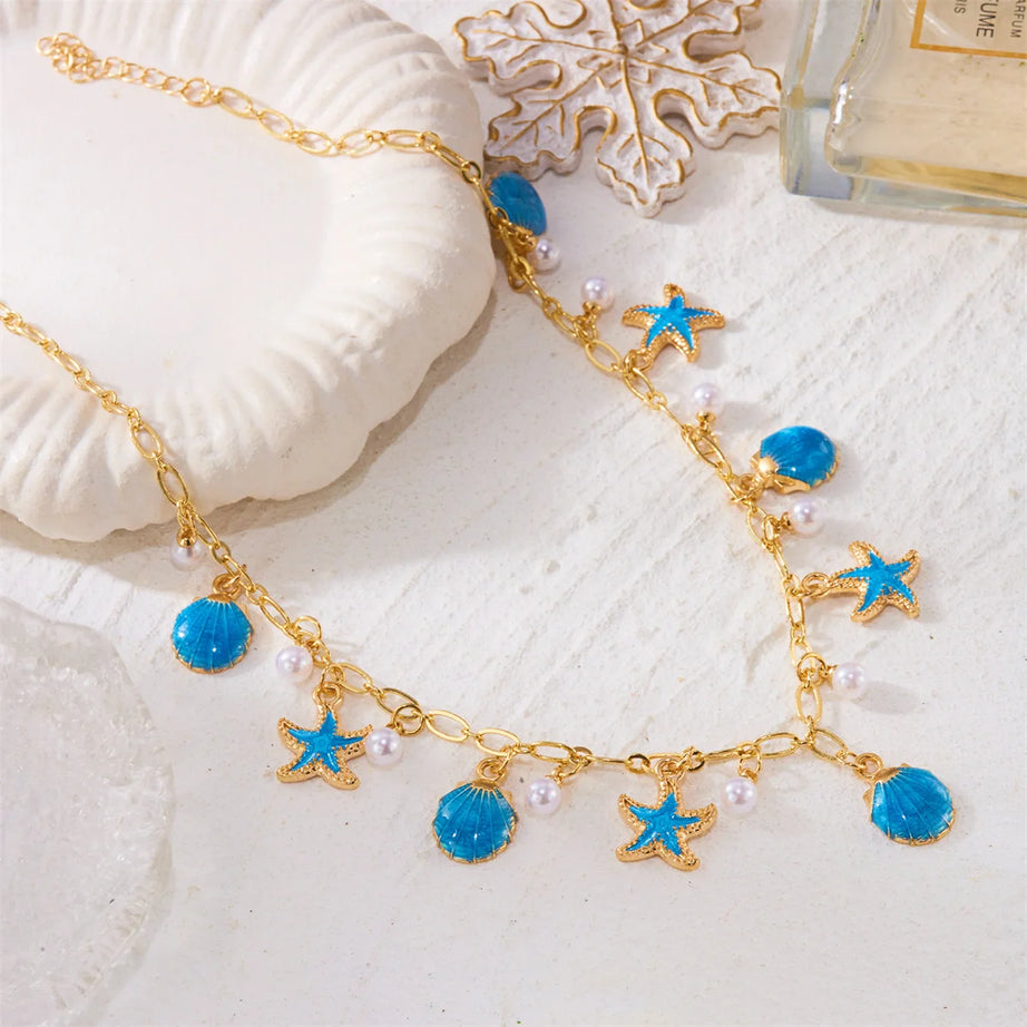 Starfish Shell Pearl Tassel Choker Necklace Jewelry