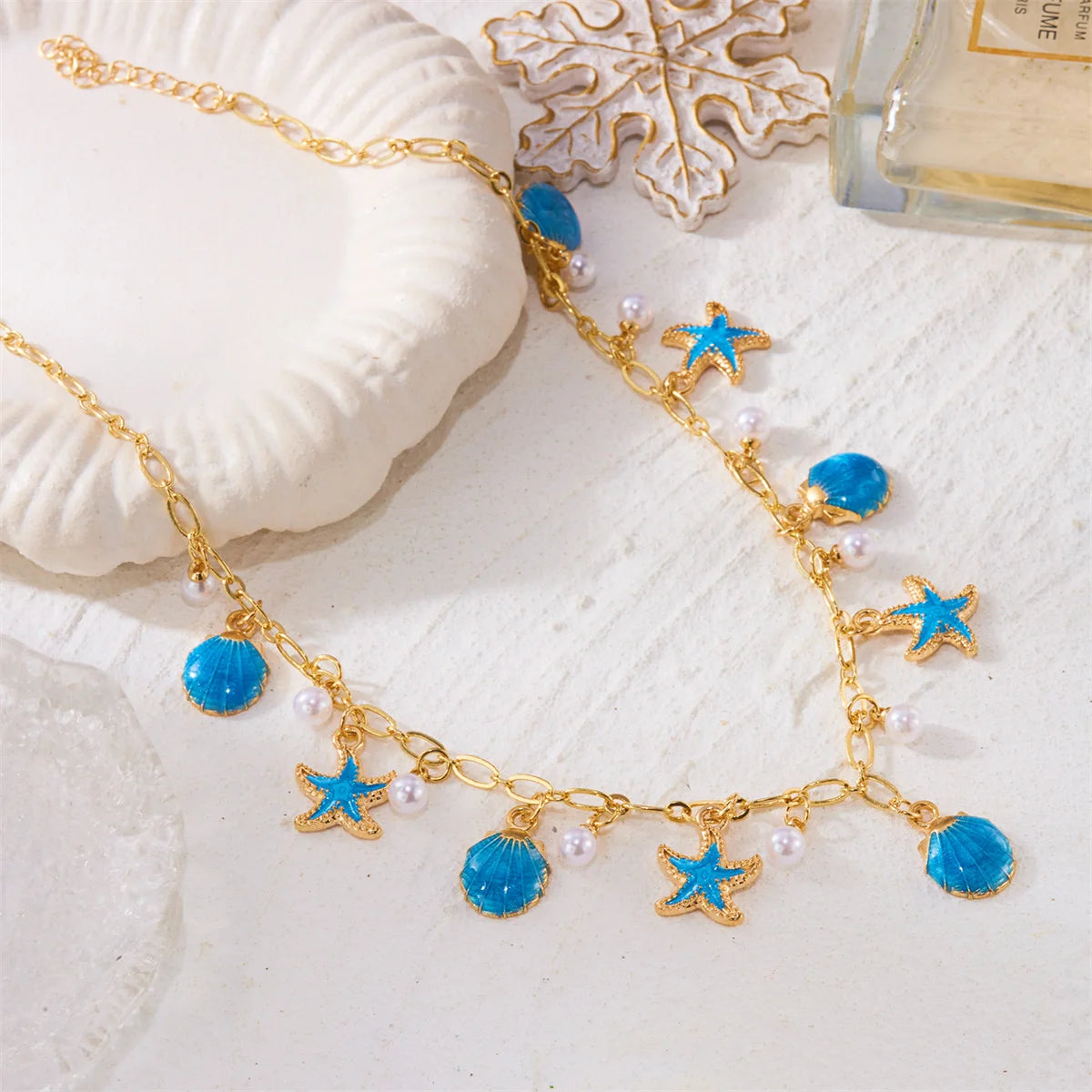 Starfish Shell Pearl Tassel Choker Necklace Jewelry
