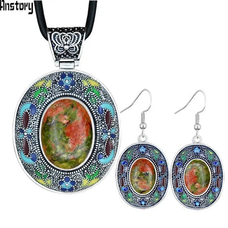 Vintage Oval Lapis Lazuli Jewelry Sets Natural Tiger Eey Unakite Quartz Necklace Earrings Bohemia Fashion Jewelry TS456 - Charlie Dolly