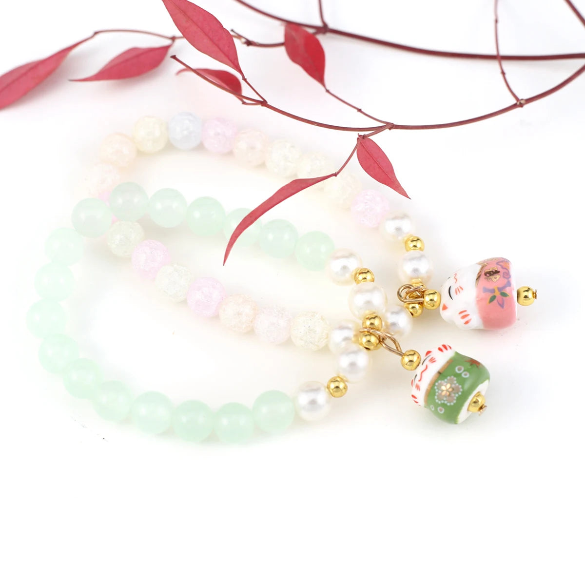 Boho Fortune Cat Charms Bracelet for Women 8mm Round Natural Stone 18cm Stretch Wire Couple Bracelet Jewelry Accessories Gifts