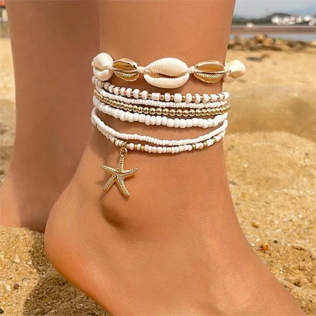Shell and Starfish Rice Bead Handmade Boho Anklet