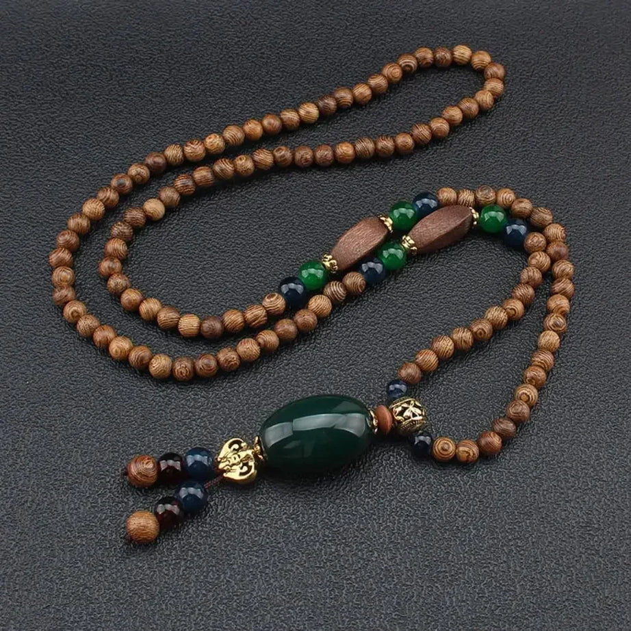 Nepal Wood Bead Mala Pendant Necklace Jewelry