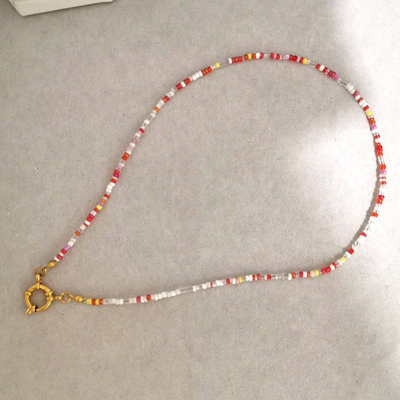 QMHJE Imitation Pearl Necklace Women Choker Seed Beads Rainbow Stainless Steel Clasp Sailor Buckle Base Chain Gold Color Boho - Charlie Dolly