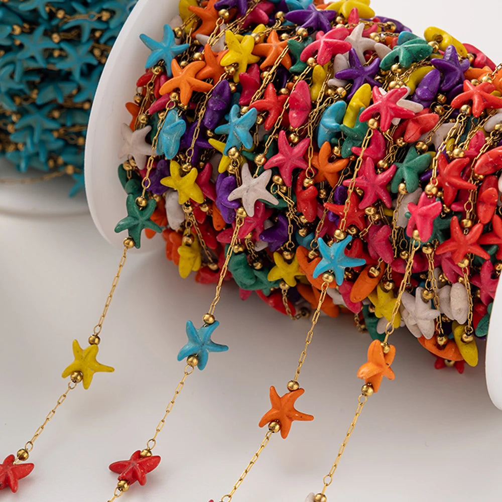 1M Gold Stainless Steels Beach White Natural Stone Starfish Charm Chain Boho Bracelet Neckalce Holiday Jewelry Making Component