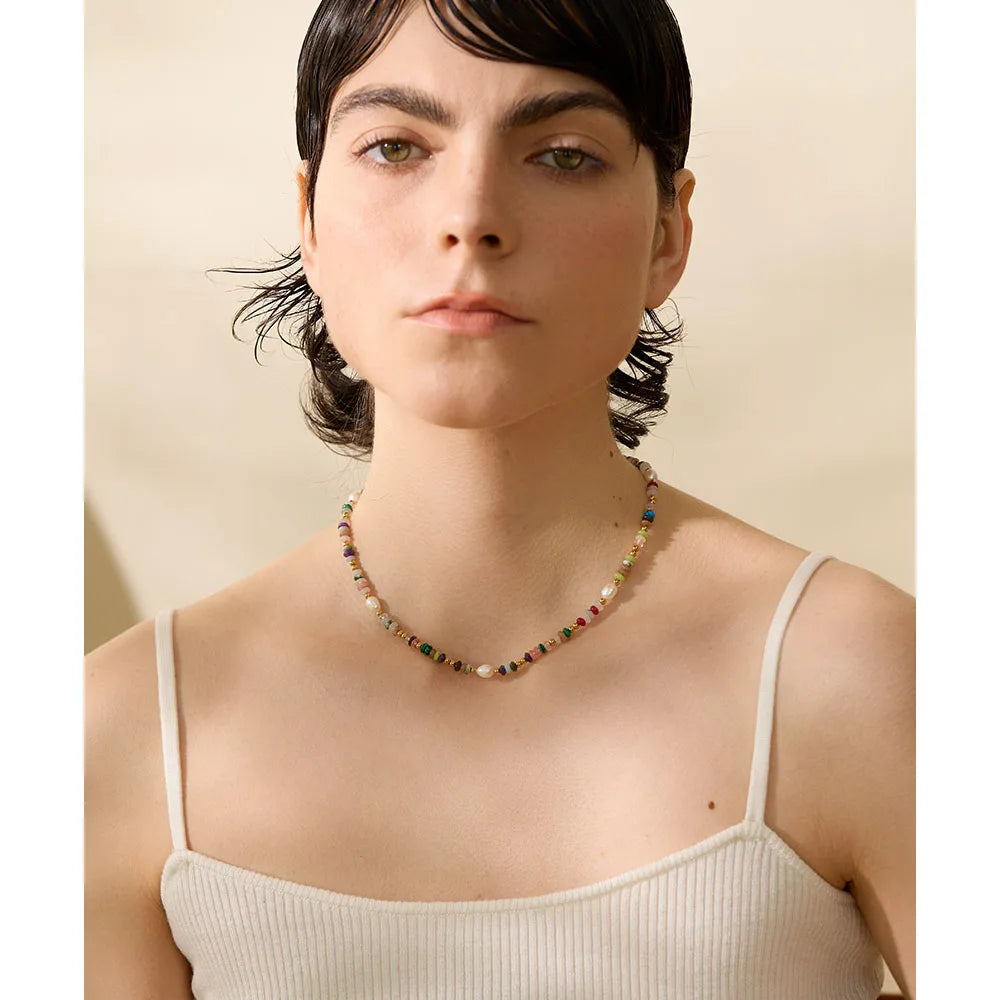 Yhpup Y2K Natural Pearl Stone Colorful Handmade Boho Necklace Women Stainless Steel Aesthetic Gold Color Fashion Jewelry