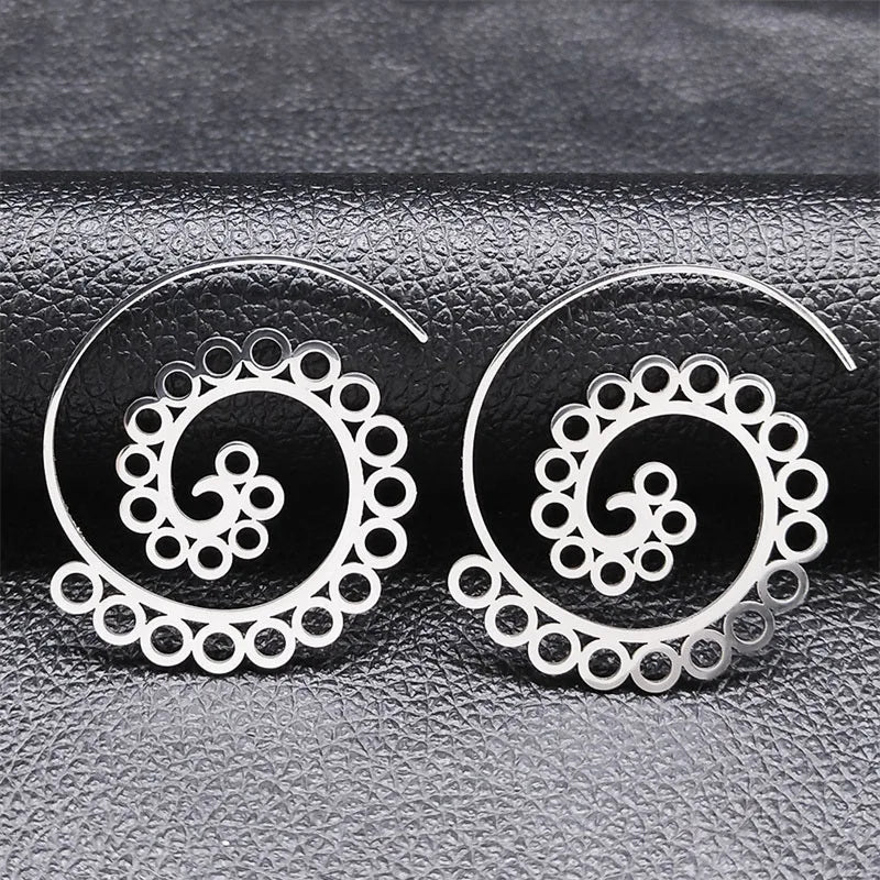 Indian Tribal Ethnic Stainless Steel Spiral Hoop Earrings Bohemian Mandala Flower Boho Earrings Women  Jewelry aros mujer E9205
