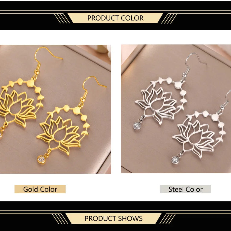 Moon Phase Lotus Dangle Earrings