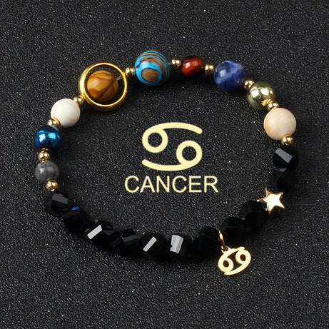 Eight Planets & Twelve Zodiac Beaded Bracelet, Natural Stone Cosmic Astrology Talisman