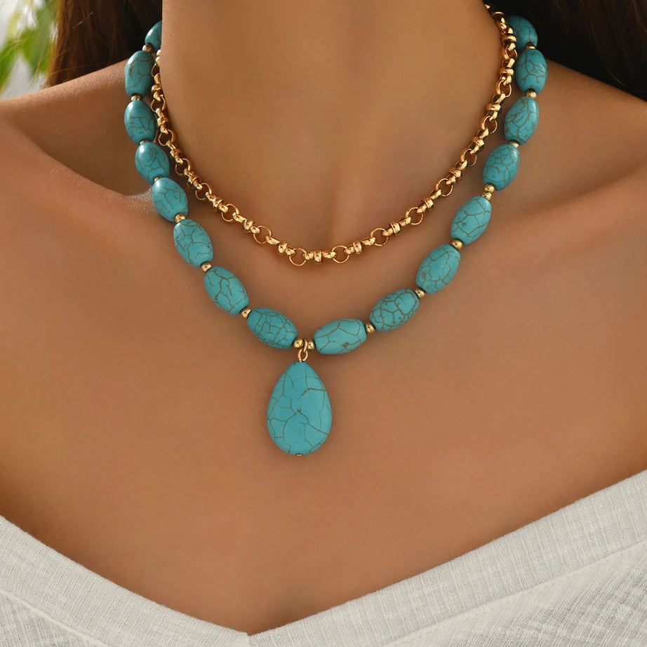 Turquoise Oval Pendant Layered Choker Set Jewelry
