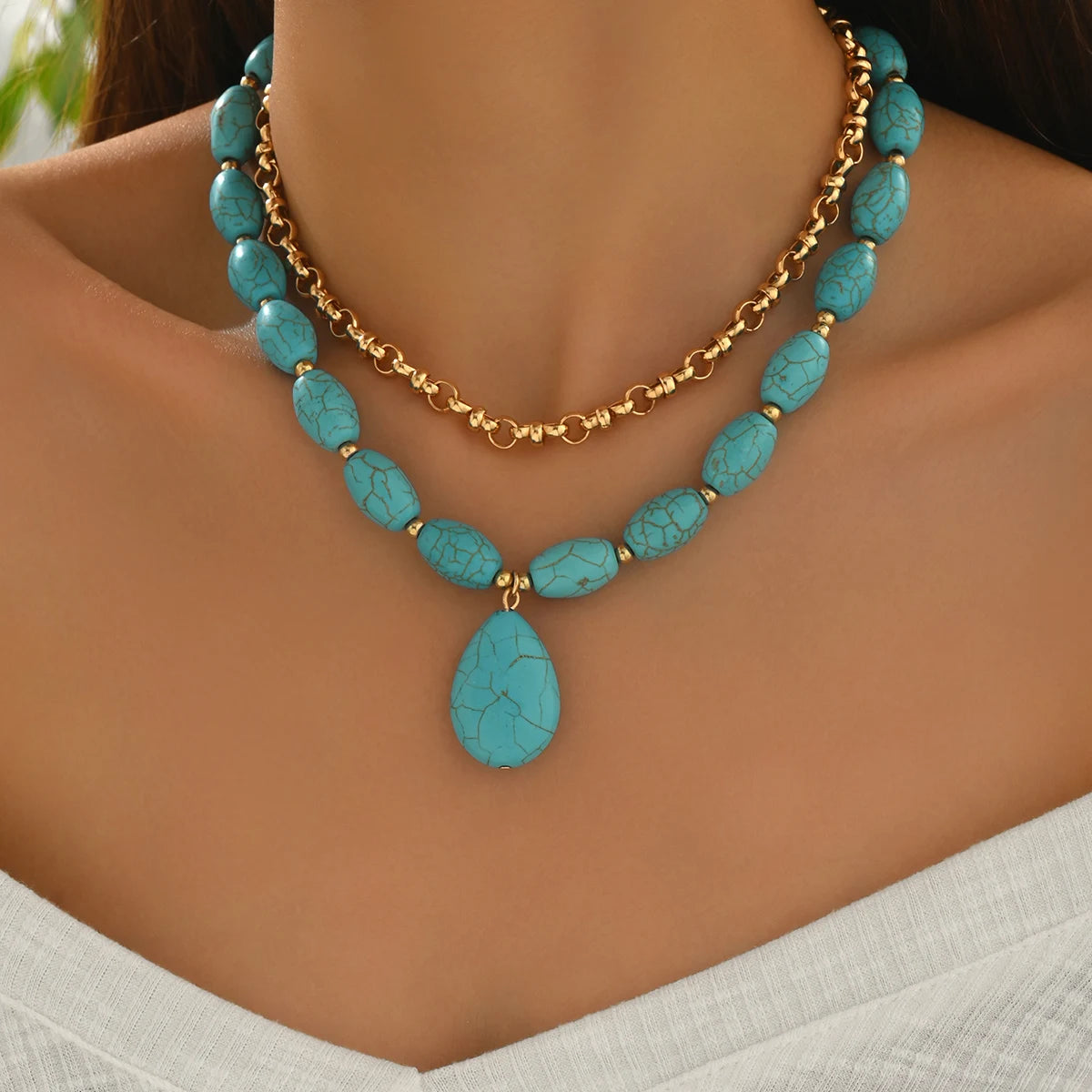 Turquoise Oval Pendant Layered Choker Set Jewelry