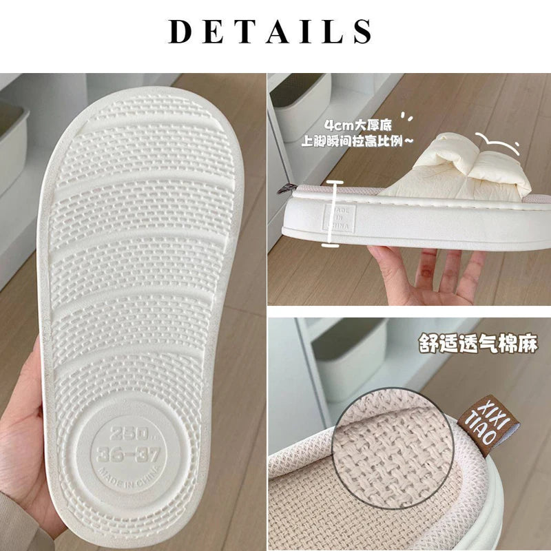 2023 New Women Slippers Summer Four Seasons Checked 4cm Thick Soft Sole Linen Slippers Indoor Home Bedroom Couple Floor Slippers - Charlie Dolly