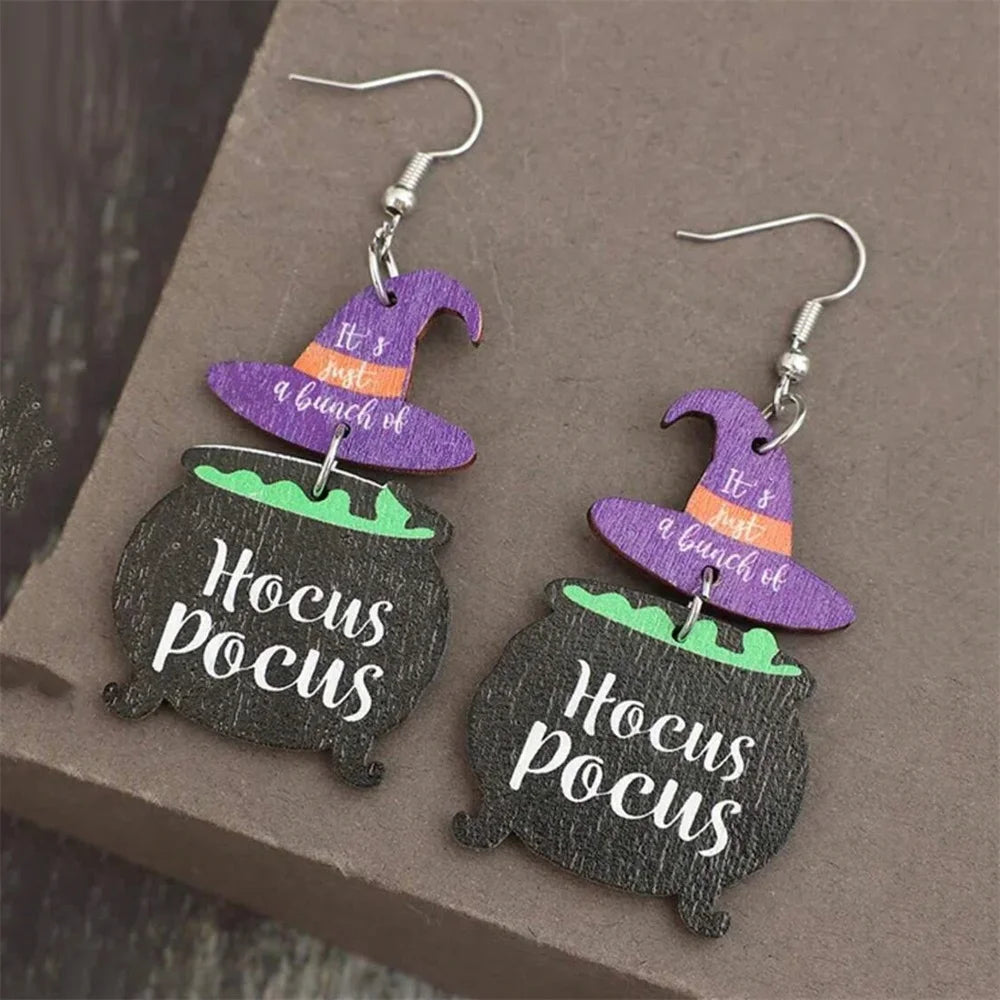 Cute Wooden Hocus Pocus Earrings For Women Cartoon Halloween Silver Color Hook Earings Purple Magic Hat Shape Chic Jewelry - Charlie Dolly