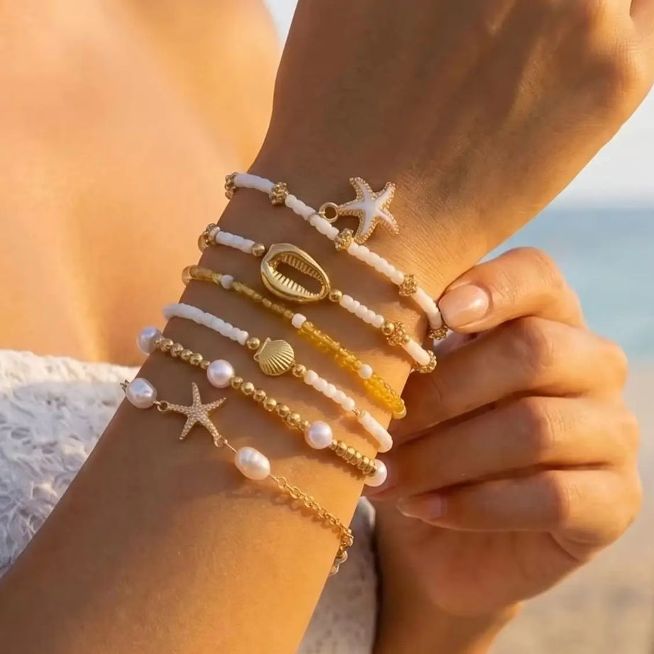 Shell and Starfish Pearl Beaded Stackable Bracelet Set (6 Pieces)