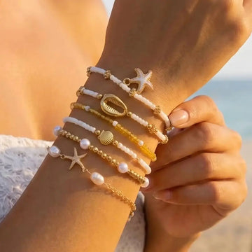 6Pcs/Set Boho Shell Starfish Stacked Bracelets for Women Imitation Pearl Beaded Elastic Bracelet Summer Ocean Jewelry Gift