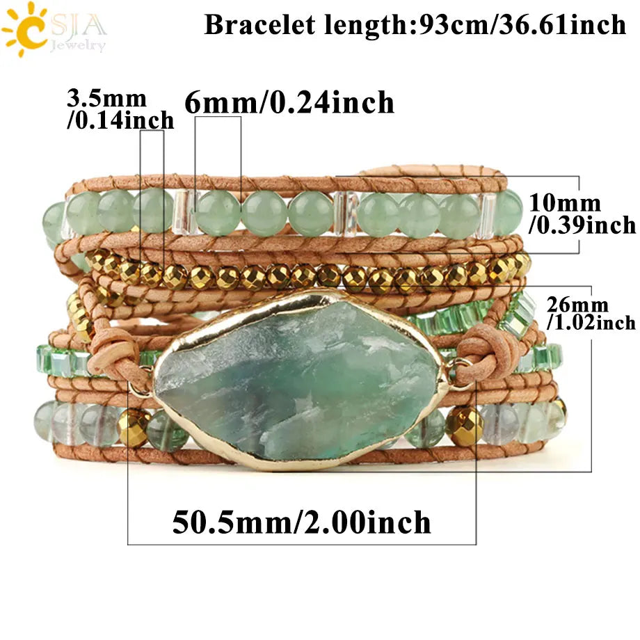 CSJA Boho Natural Stone Braided Bracelet for Women Green Aventurine Beads Handmade Wrap Bracelets Balance Bangle Jewelry G118