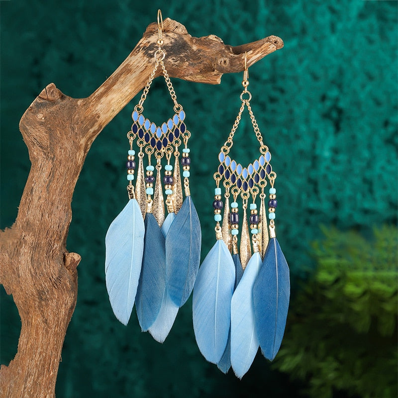 Bohemian Ethnic Feather Women&#39;s Earrings Long Drop Dangle Wedding Jewelry Indian Gold Color Handmade Beaded Earrings Pendientes - Charlie Dolly