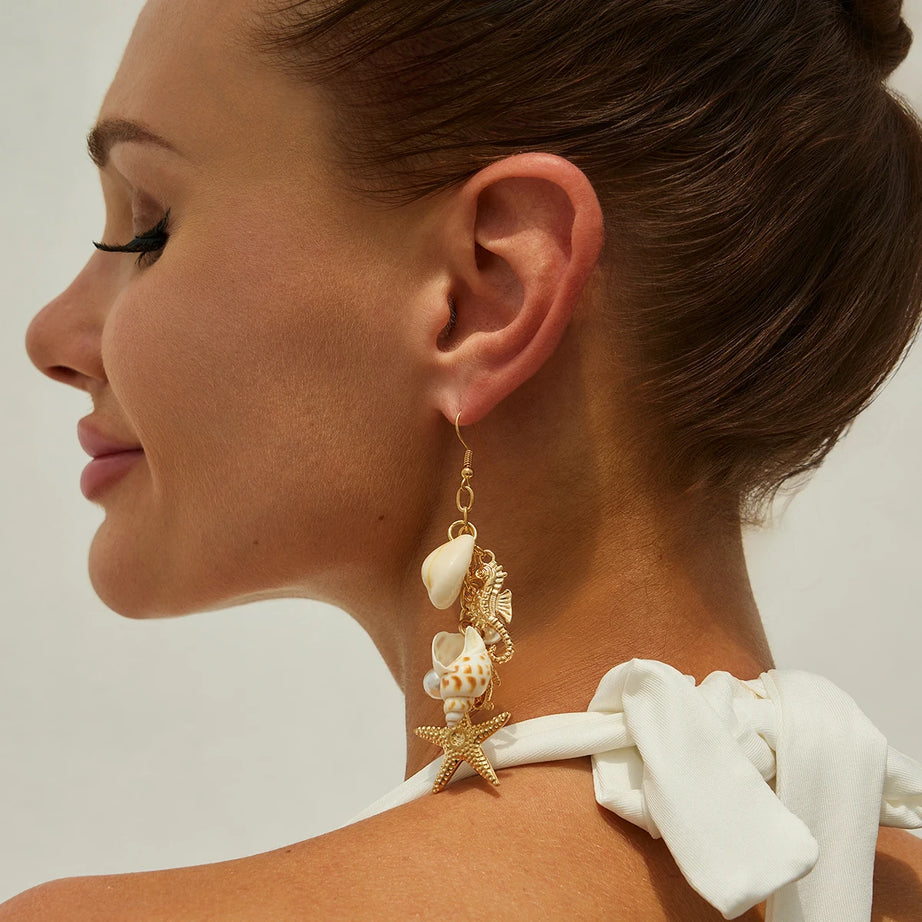 Starfish Scallop Long Tassel Drop Earrings Jewelry