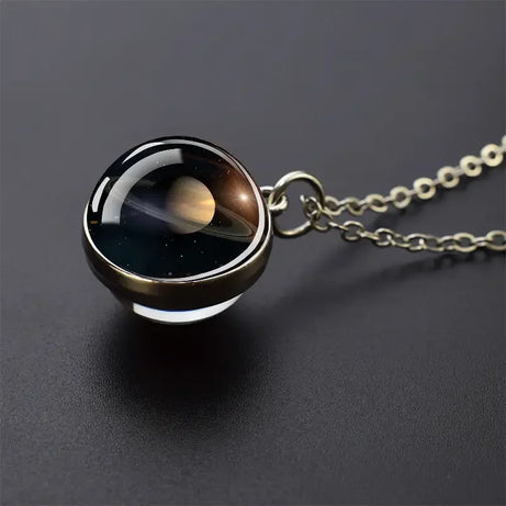 Double-Sided Galaxy Planet Glass Ball Pendant Necklace, Sun Moon Mars Cosmic Talisman