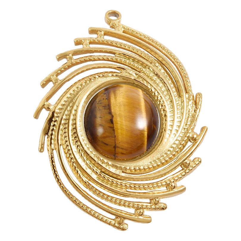 5pcs Real Natural Stone Tiger Eye Charm Sun Eye Oval Boho Pendant Gold Color Stainless Steel Pendants For Jewelry Making Finding