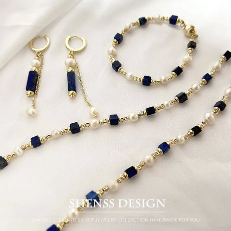 Natural Freshwater Pearl Necklace 4X4 lapis lazuli Bracelet Earring Plated 14K Gold Accessories - Charlie Dolly