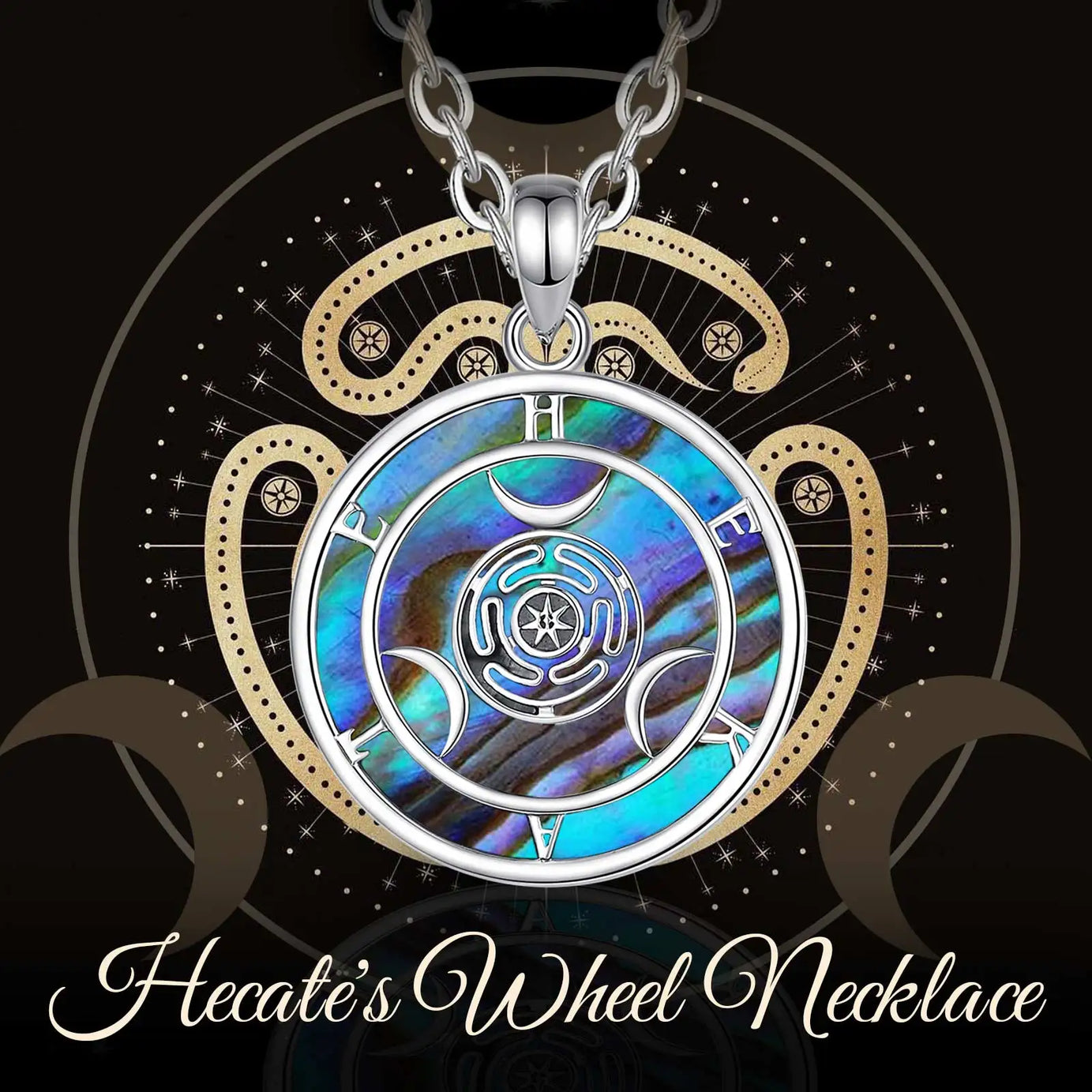 S925 Sterling Silver Hecate Wheel Pendant Necklace, Abalone Triple Moon Goddess Wiccan Amulet