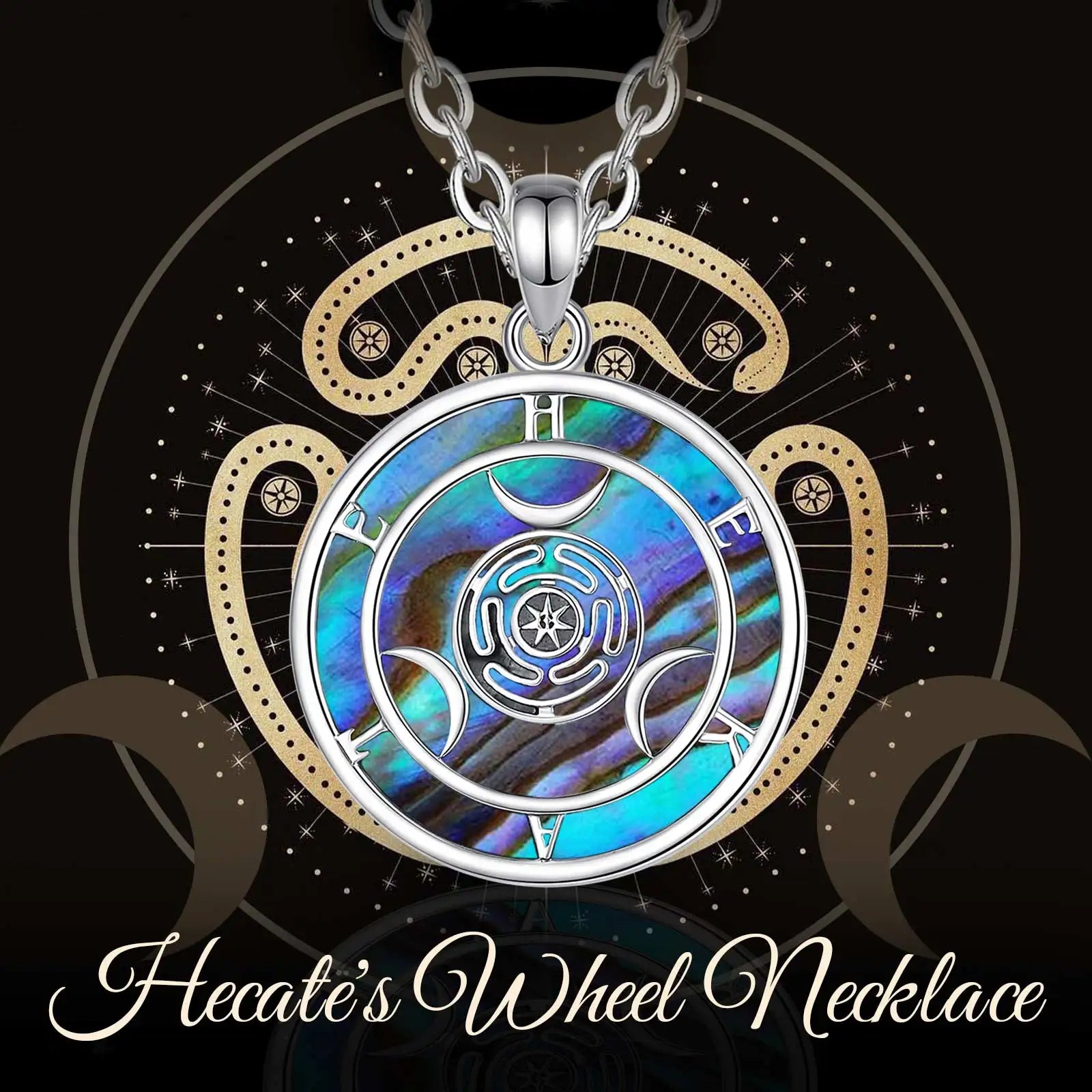 Eudora 925 Sterling Silver Hecate Wheel Necklace Abalone Triple Moon Goddess Amulet Pendant Wiccan Pagan Jewelry for Women Men