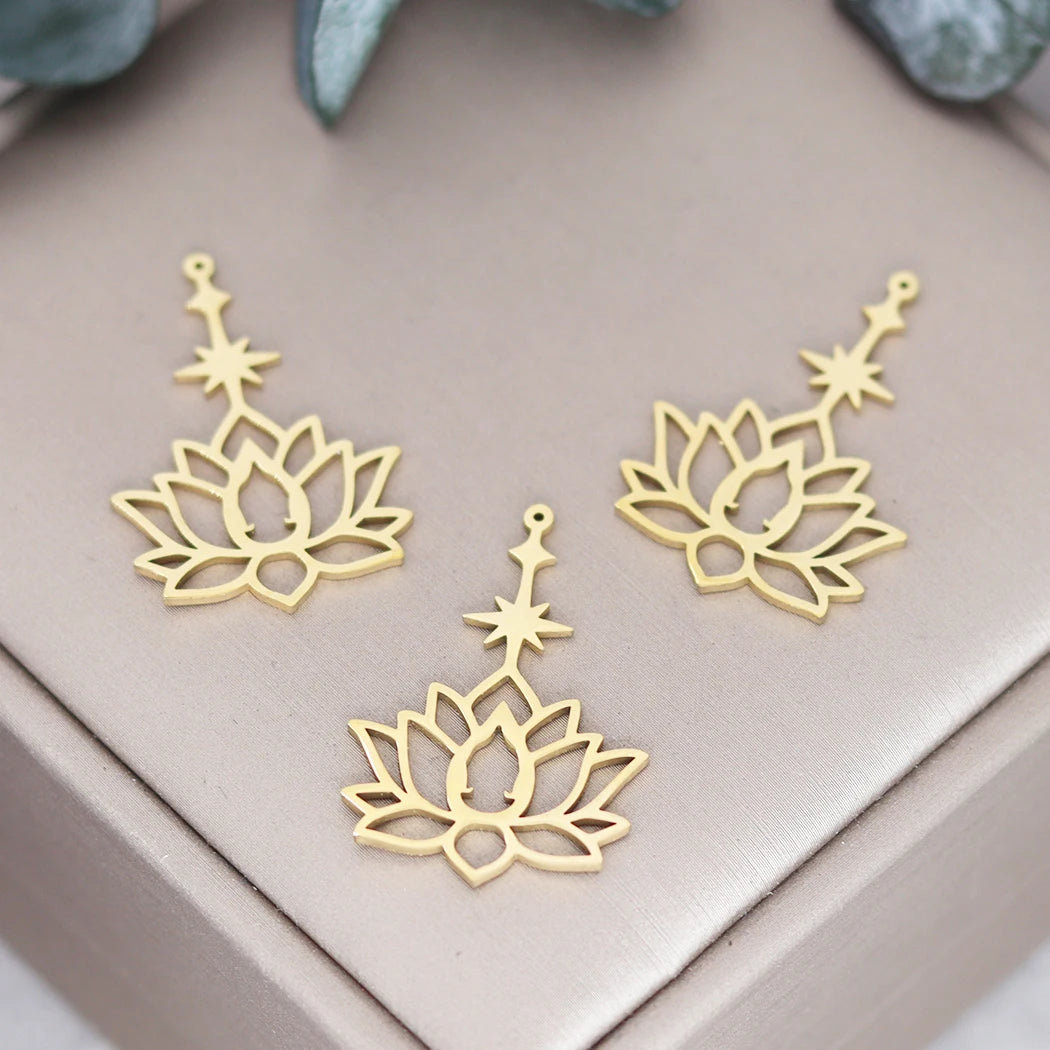 3pcs Exquiaite Amulet Moon Lotus Flower Charms DIY Craft Earrings Necklace Jewelry Making Yogo Buddhism Stainless Steel Pendant
