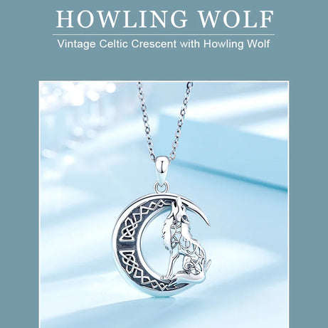 S925 Sterling Silver Wolf & Moon Pendant Necklace, Valknut Odin Norse Viking Amulet